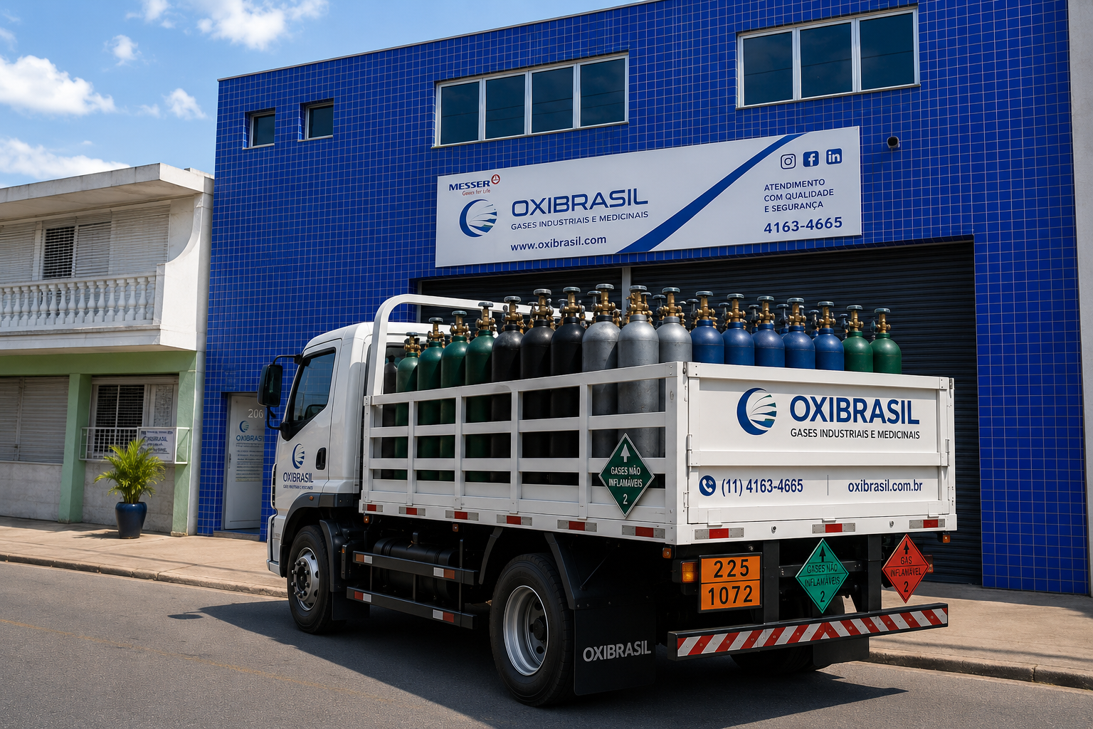 Caminhão OXIBRASIL carregado com cilindros em frente à sede em Barueri